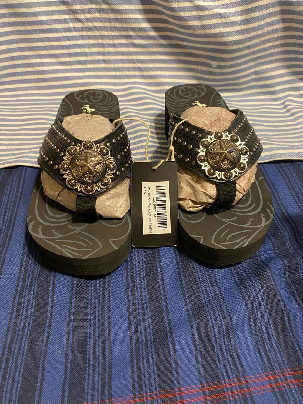 Montana West Black Studded Platform Toe-Post Sandals with Silver Conchos